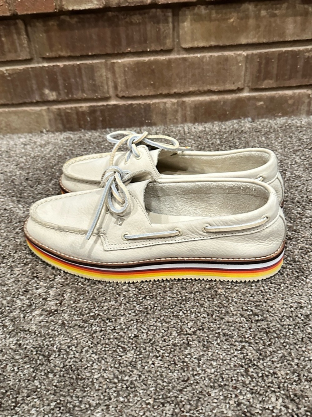 Sperry A/O 2-Eye Stacked EVA Multi Stripe Platform Boat Shoes Cream Leather 8.5